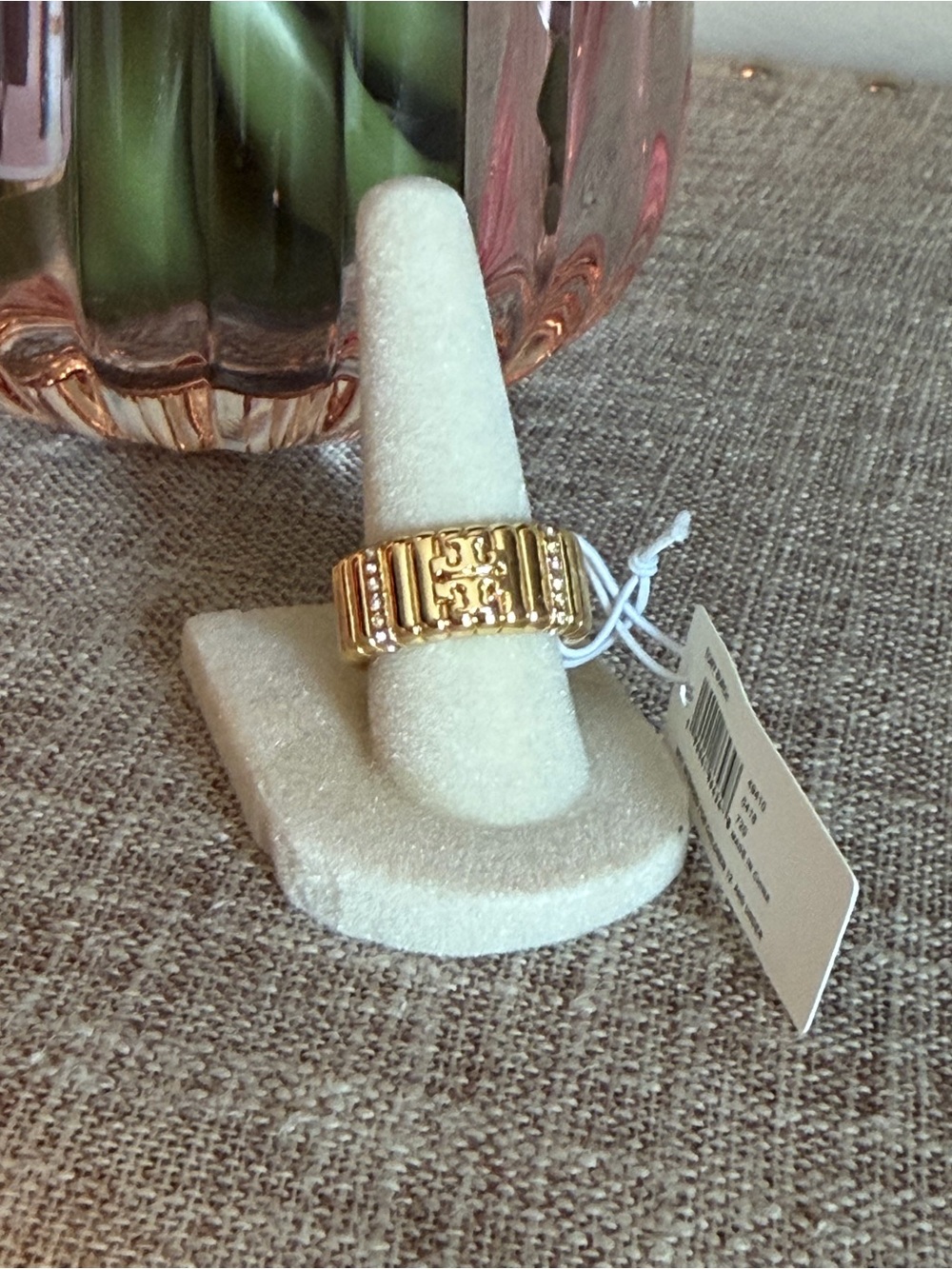 Tory Burch NWT gold embellished medallion ring in Lime Green Drawstring Pouch